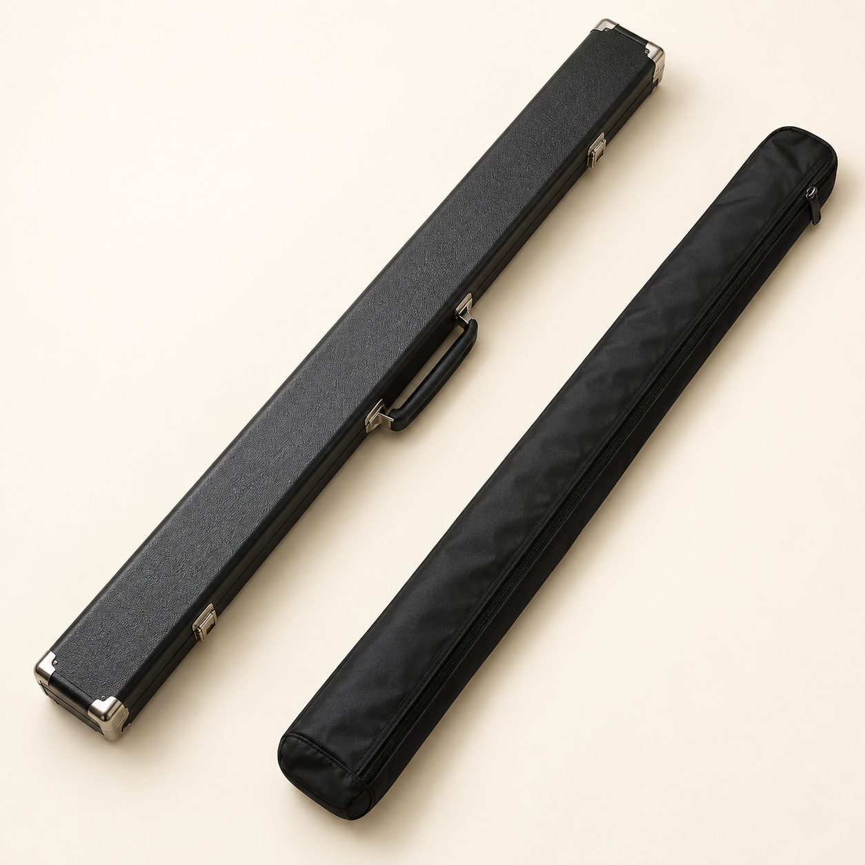Illustrative hard cue case and soft cue sleeve