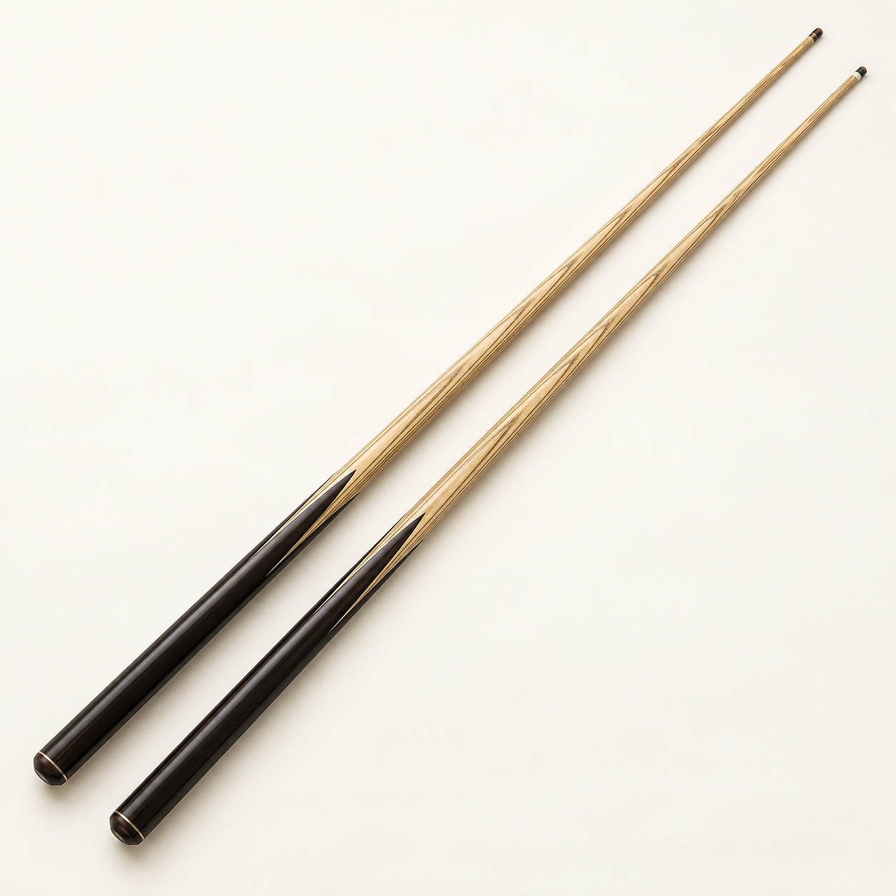 Illustrative pair of wooden snooker cues