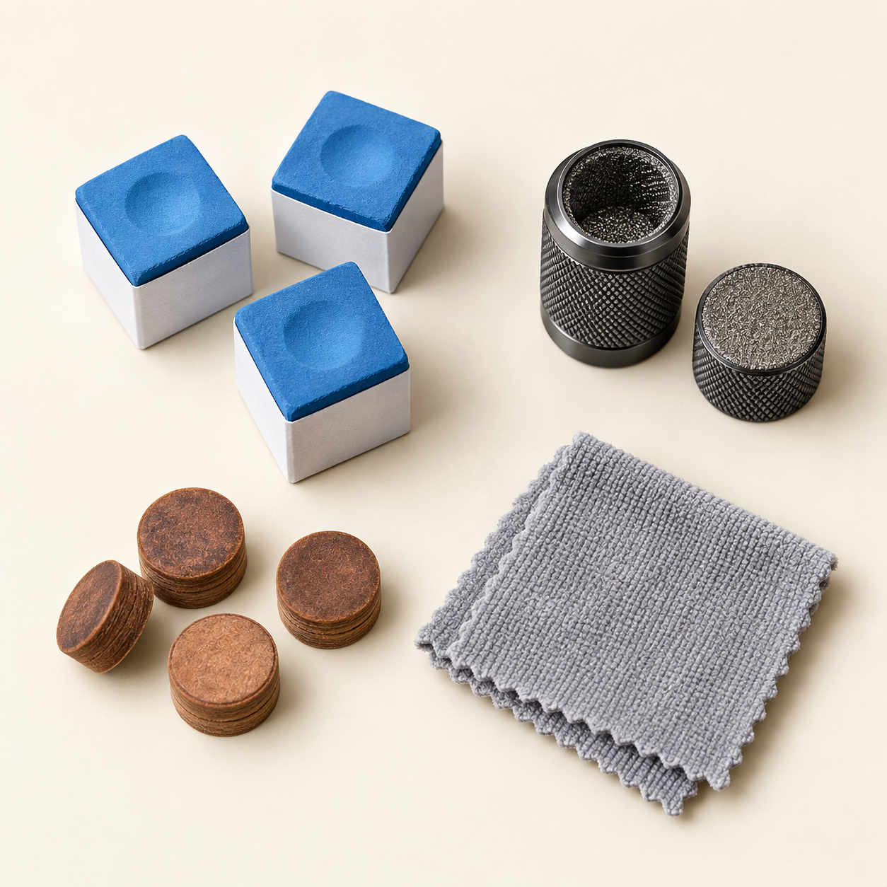Illustrative snooker chalk, spare cue tips, tip shaper and cleaning cloth